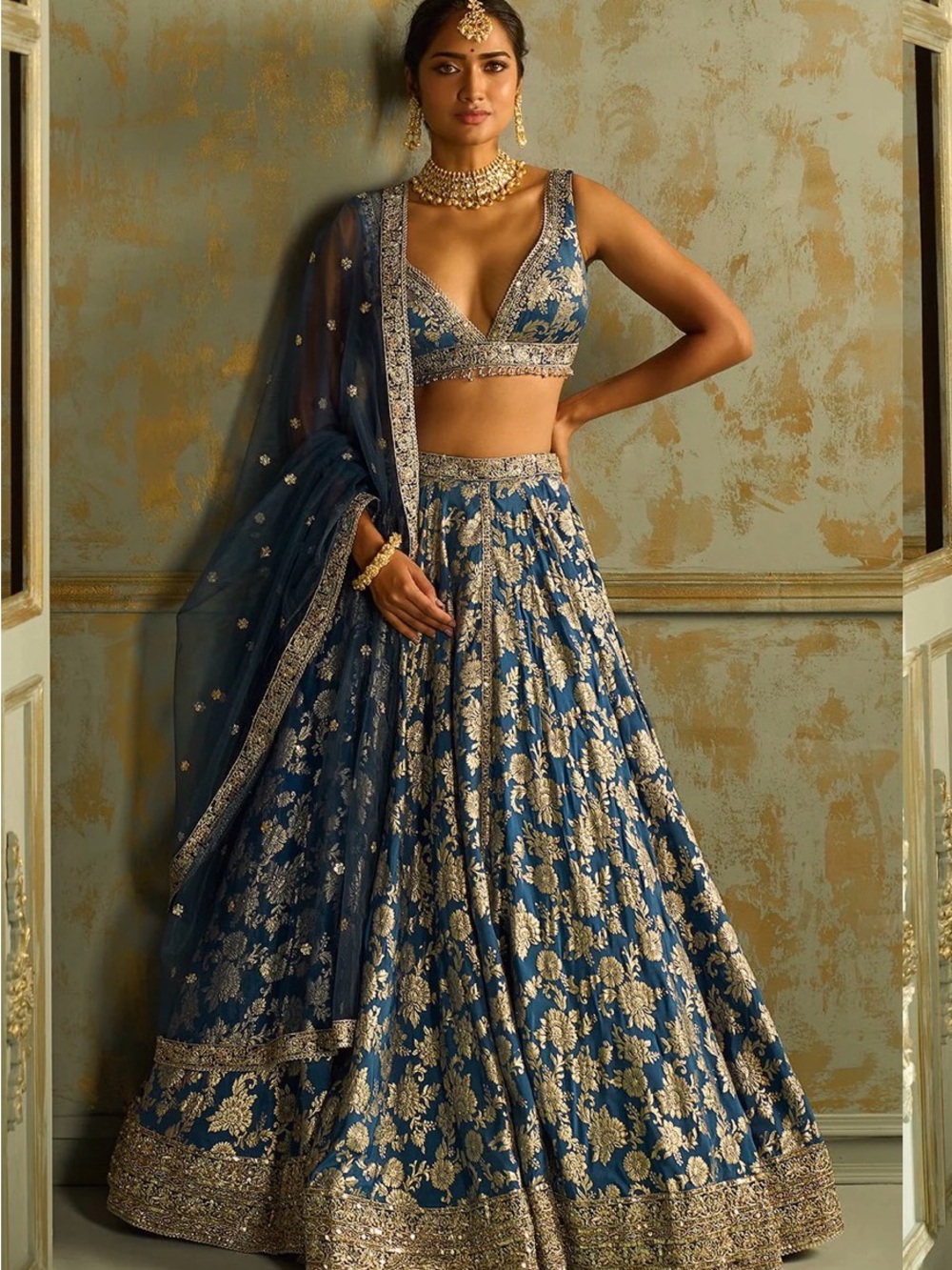 Embroidered Navy Blue A-Line Skirt with Gold Motif